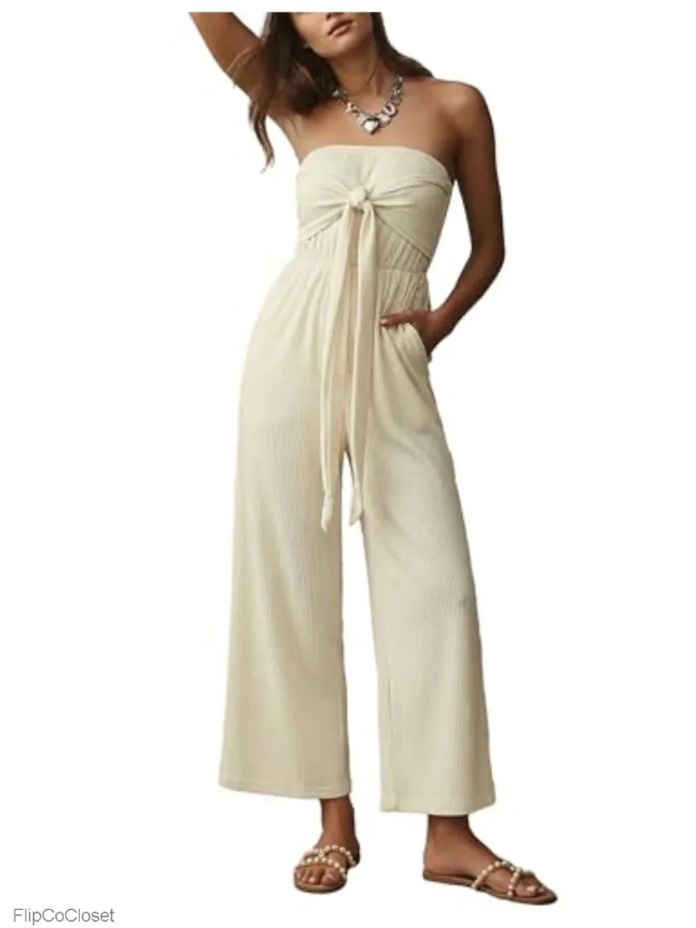 Strapless Tie-Front Jumpsuit for Women Casual Wide Leg Romper with Pockets